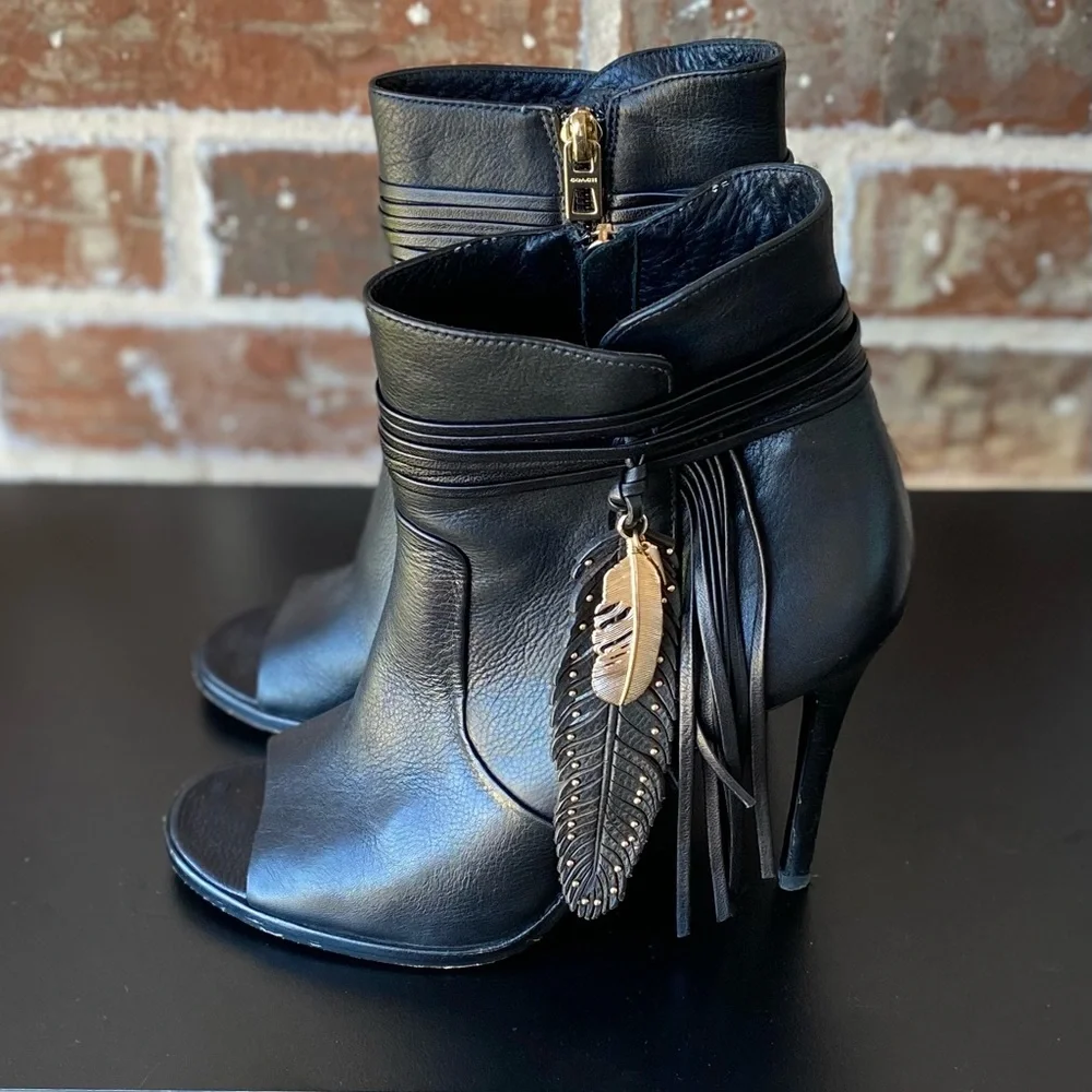 Coach Black Leather Peep-Toe Stiletto Ankle Boots with Feather Tassel